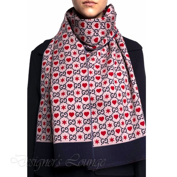 NEW GUCCI GG HEARTS & STARS Violet Navy Red Wool Long Scarf $490 Authentic - Picture 3 of 7